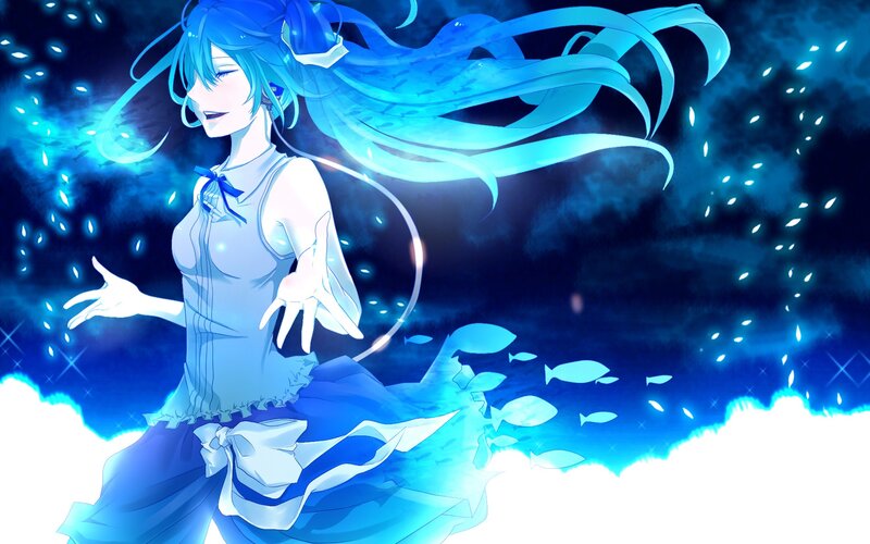 blue-haired anime girl in water
