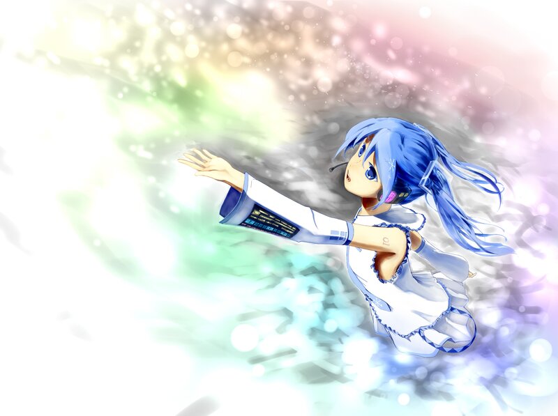 blue-haired anime girl in white dress
