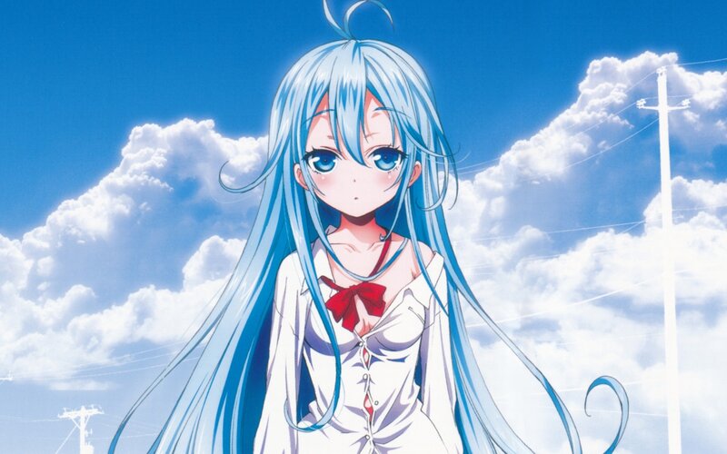 blue-haired anime girl in white dress