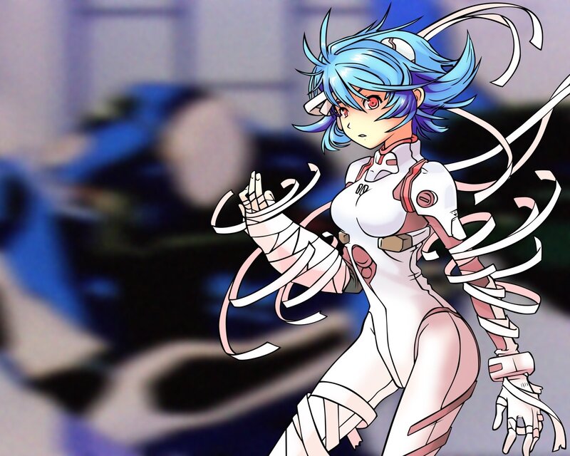 blue-haired anime girl in white suit