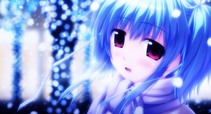 blue-haired anime girl in winter