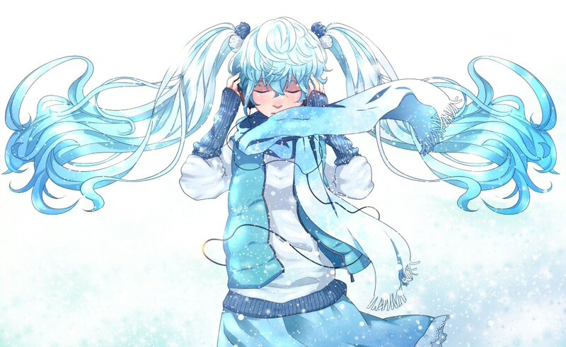 blue-haired anime girl in winter