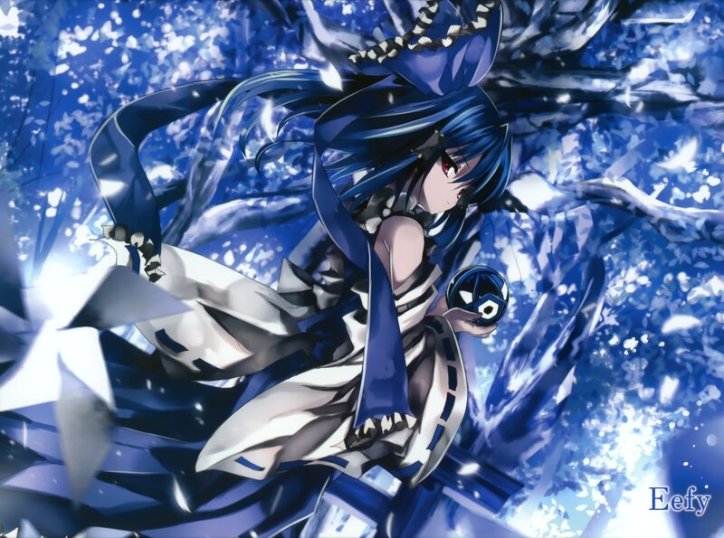 blue-haired anime girl in winter