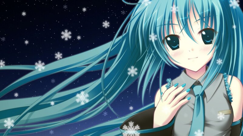 blue-haired anime girl in winter