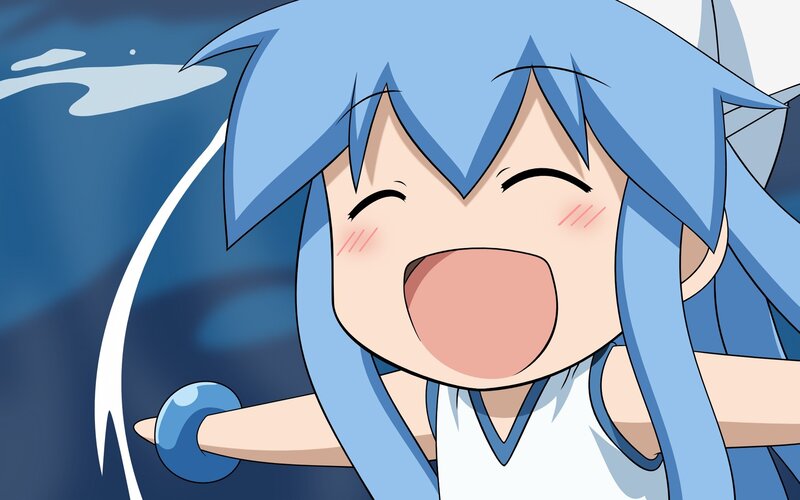 blue-haired anime girl laughing