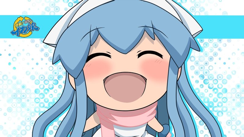 blue-haired anime girl laughing