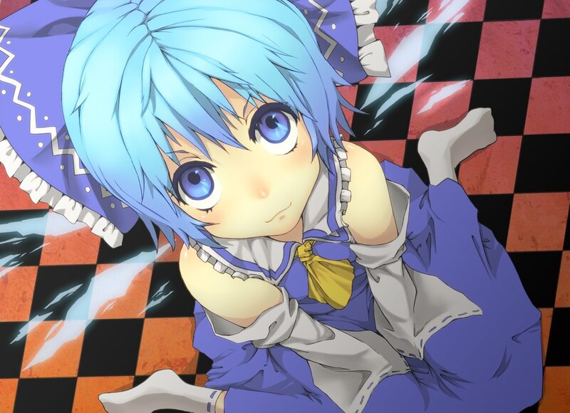 blue-haired anime girl lying down