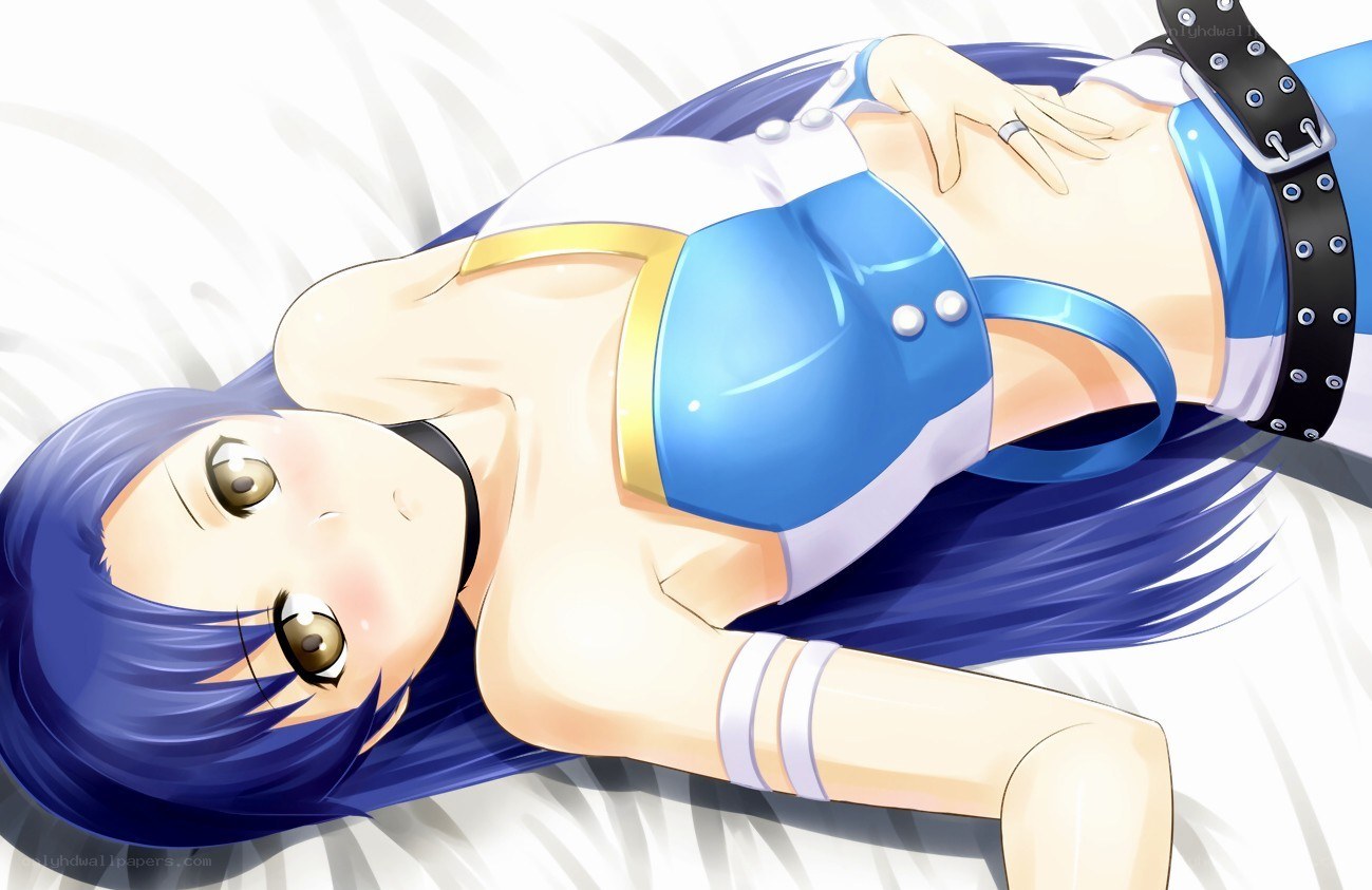 blue-haired anime girl lying down
