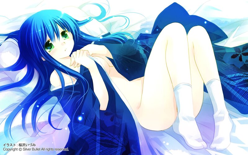 blue-haired anime girl lying down