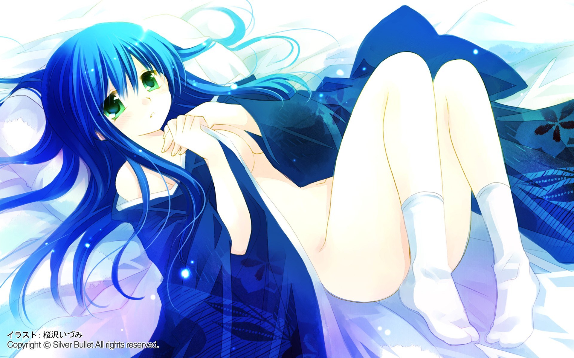 blue-haired anime girl lying down