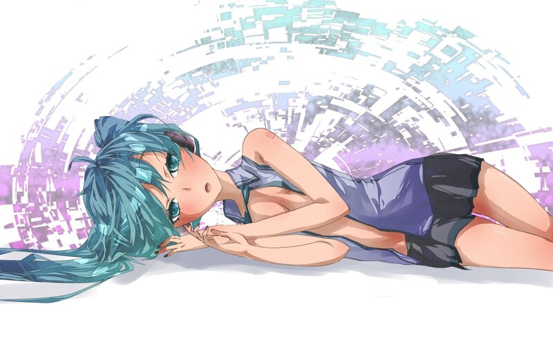 blue-haired anime girl lying down