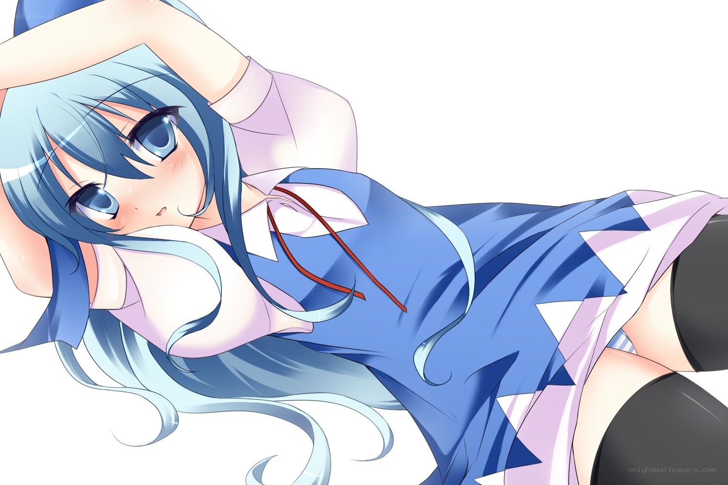 blue-haired anime girl lying down
