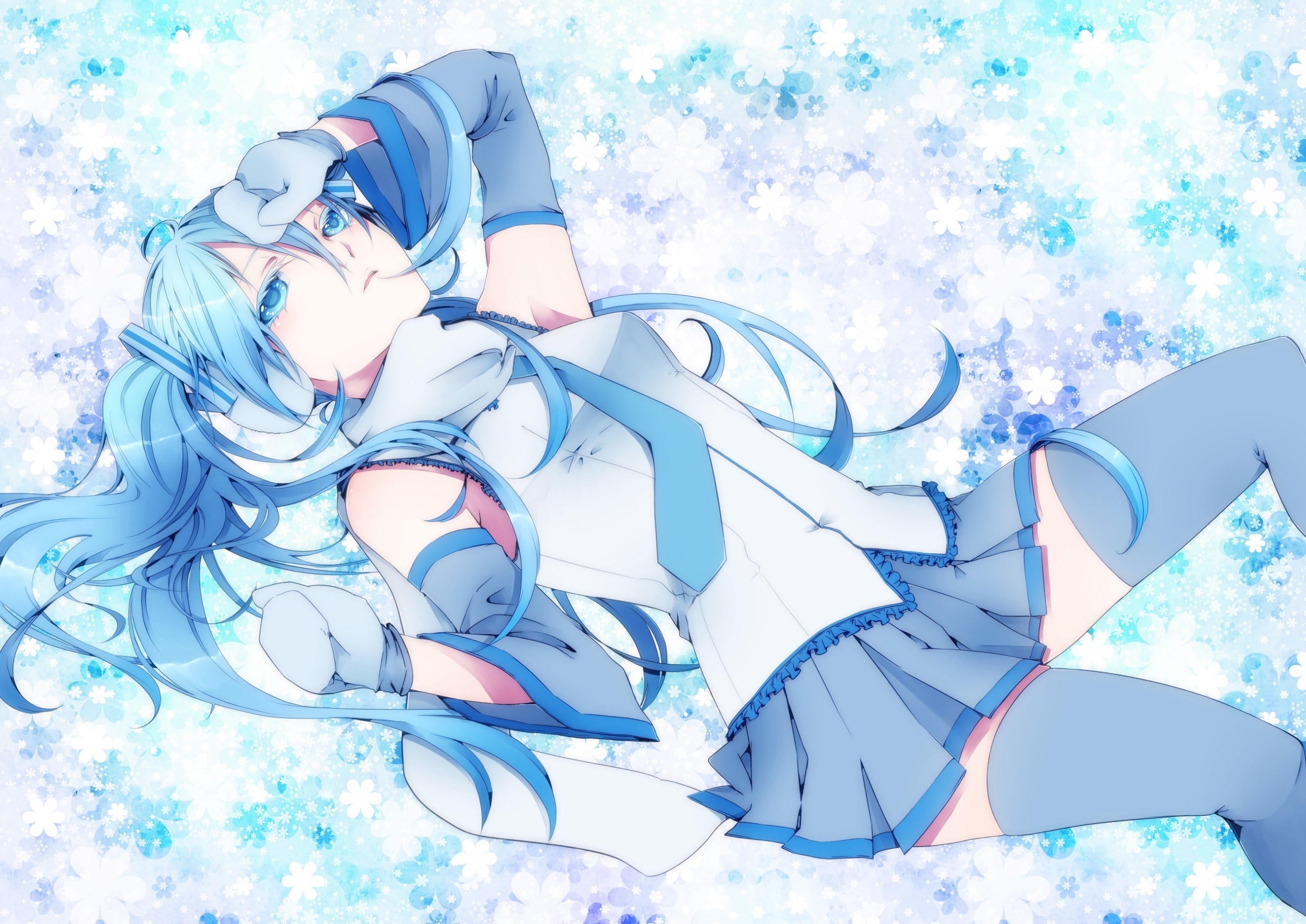 blue-haired anime girl lying down