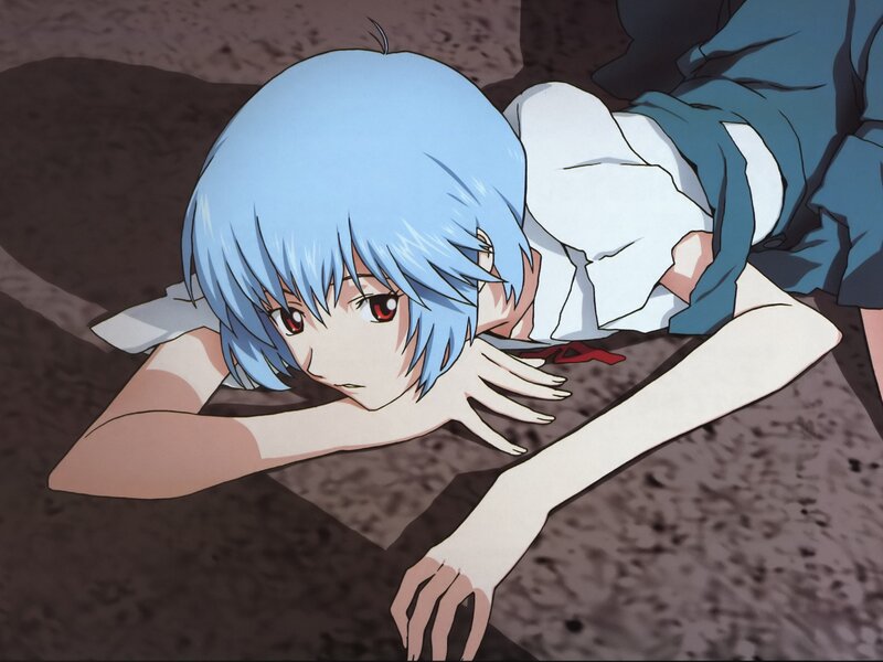 blue-haired anime girl lying down