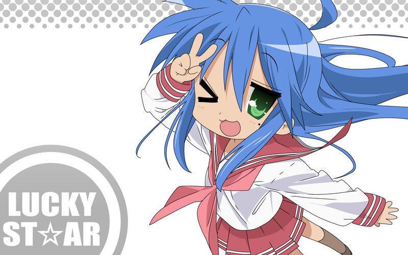 blue-haired anime girl making peace sign