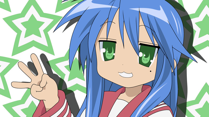 blue-haired anime girl making peace sign