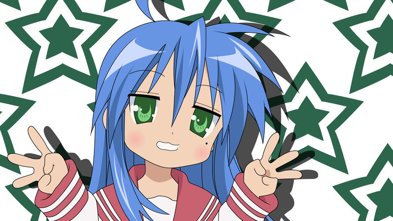 blue-haired anime girl making peace signs