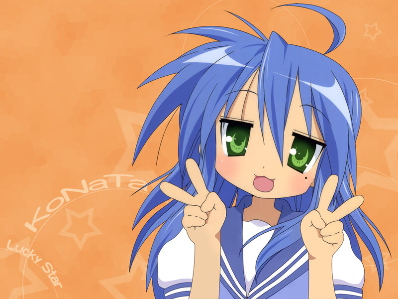 Blue-haired anime girl making peace signs