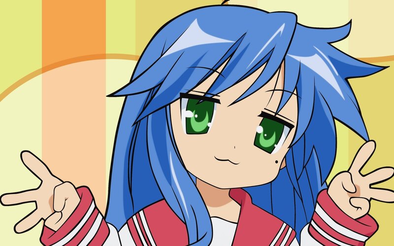 blue-haired anime girl making peace signs