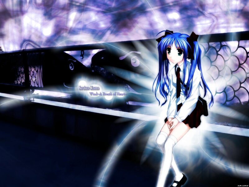 Blue-haired anime girl on a bridge