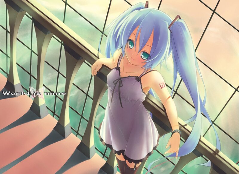 blue-haired anime girl on balcony