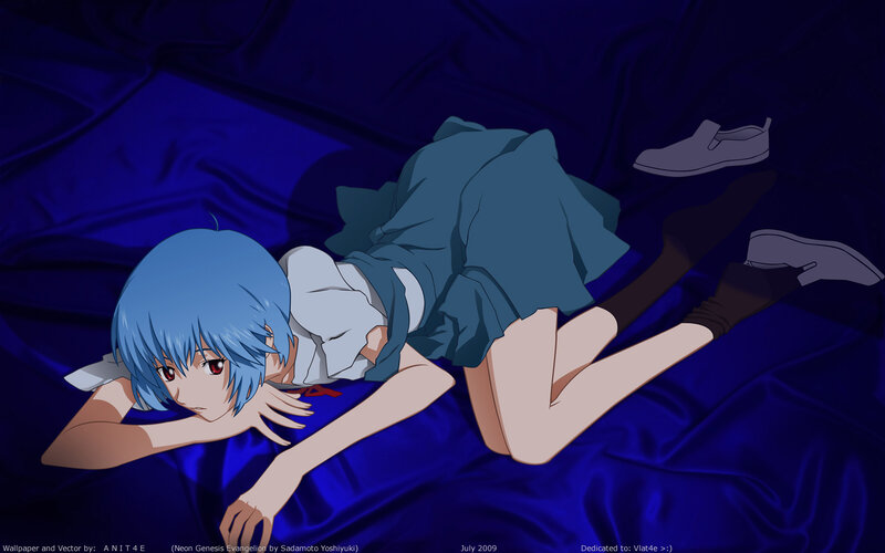 Blue-haired anime girl on bed