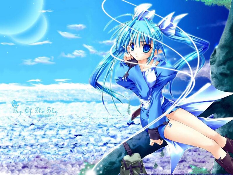 blue-haired anime girl on cliff
