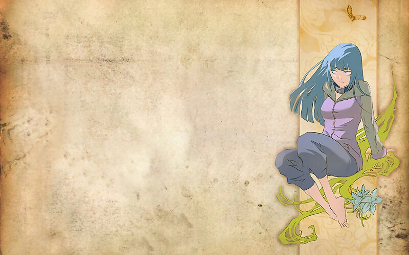 blue-haired anime girl on parchment