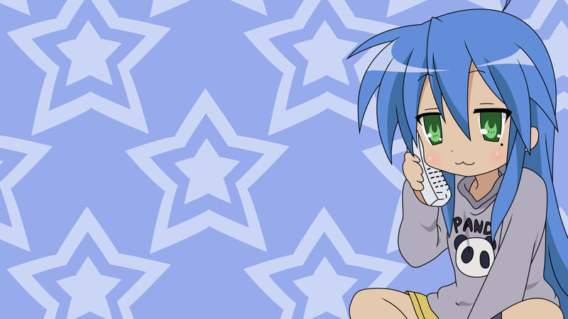 blue-haired anime girl on phone