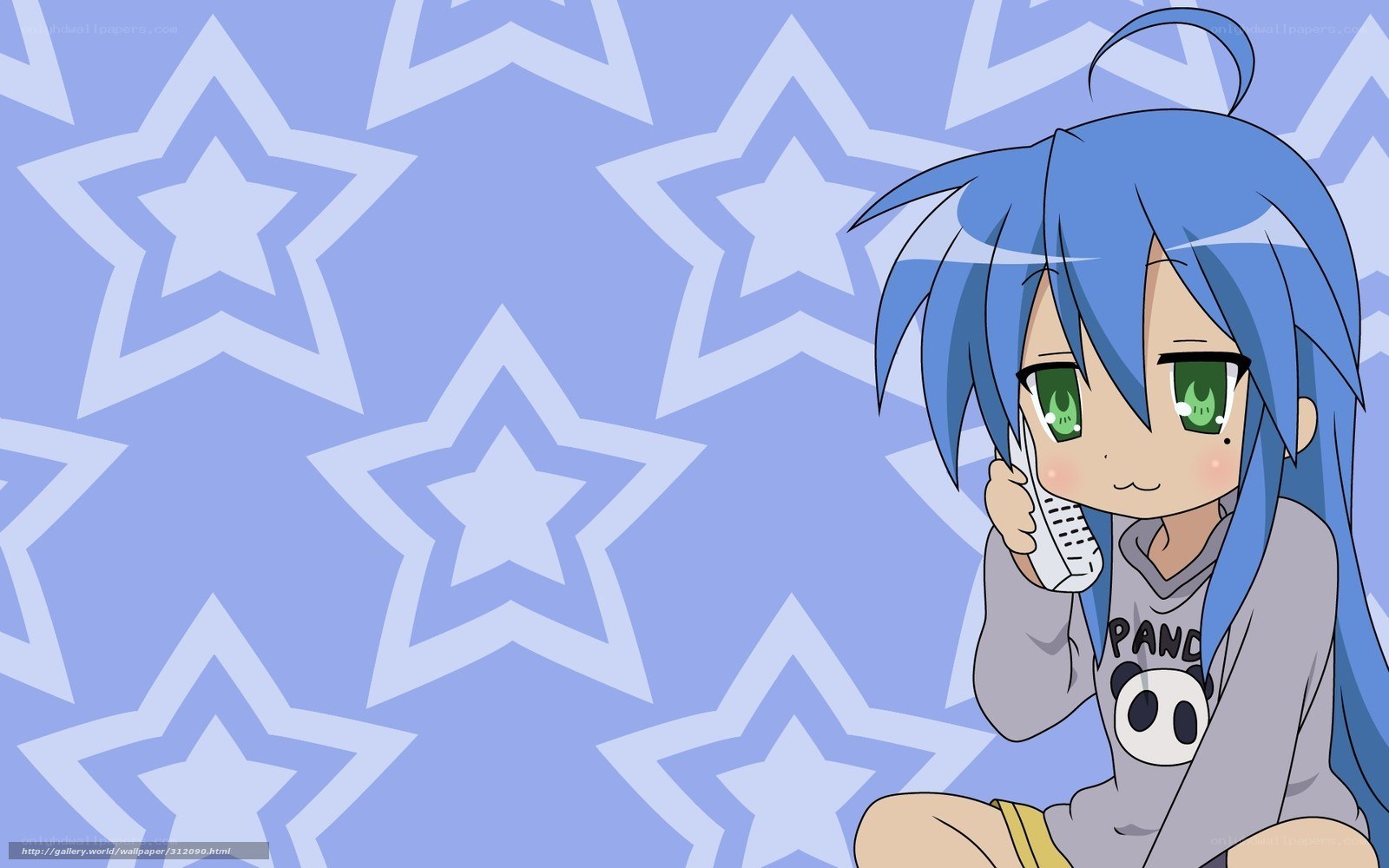 blue-haired anime girl on phone