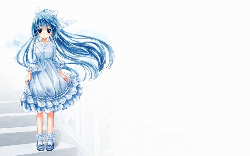 blue-haired anime girl on stairs