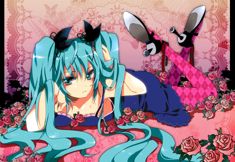 Blue-haired Anime Girl — Pink, Dreamy, Roses, Bunny Ears