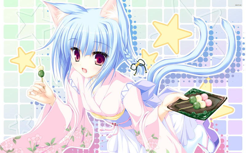 Blue-haired Anime Girl — Pink, Playful, Cat Ears, Cat Tail