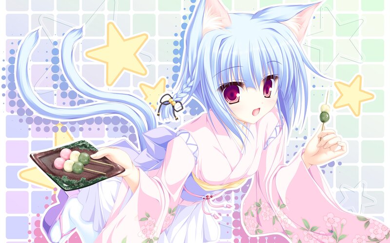 Blue-haired Anime Girl — Pink, Playful, Cat Ears, Kimono