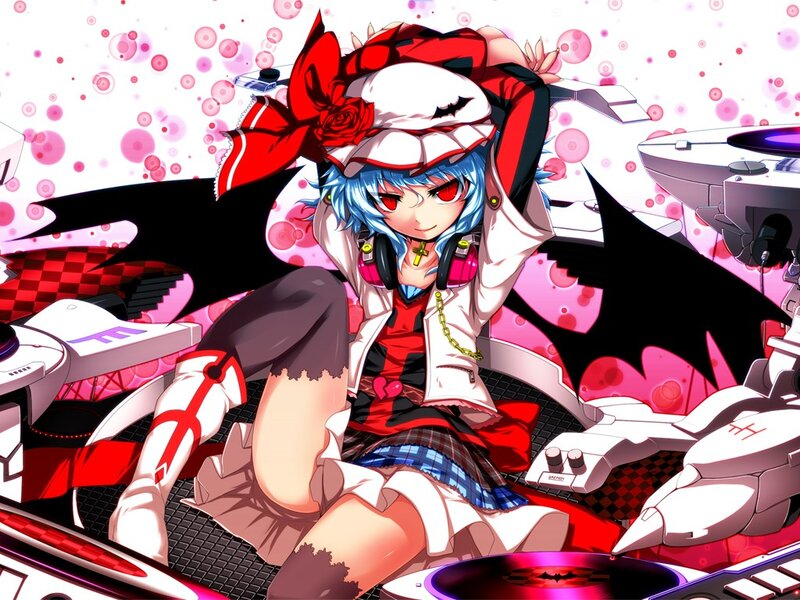 Blue-haired Anime Girl — Pink, Playful, Headphones, Bat Wings