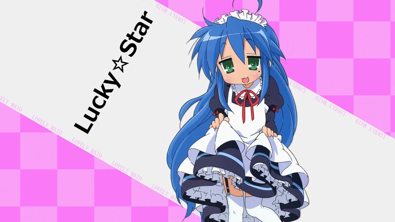 Blue-haired Anime Girl — Pink, Playful, Maid Outfit, Checkered Background, Text