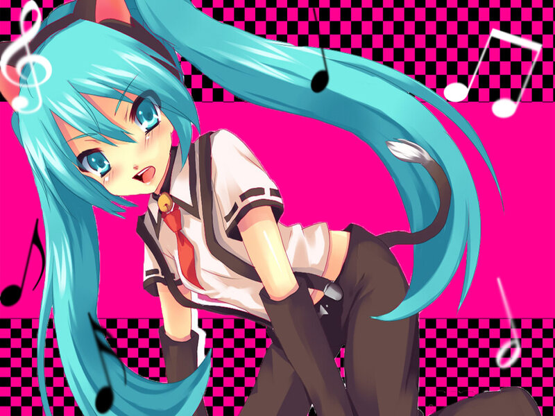 Blue-haired Anime Girl — Pink, Playful, Music Notes
