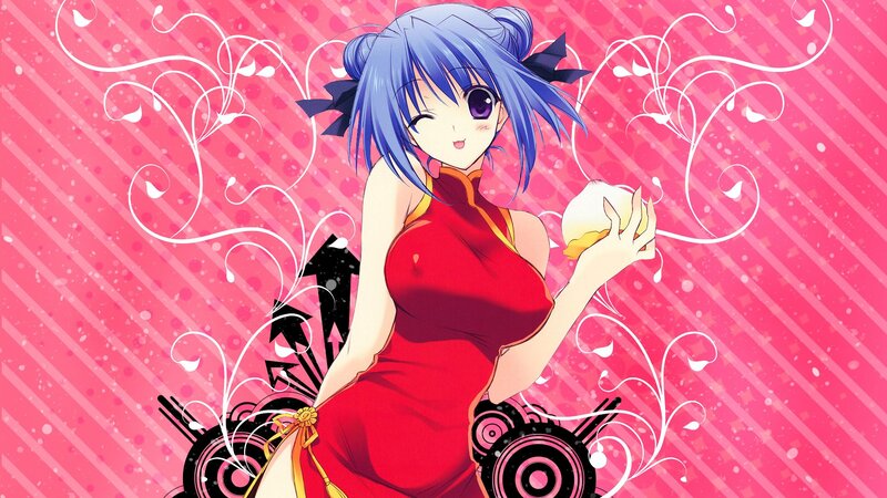 Blue-haired Anime Girl — Pink, Playful, Red Dress