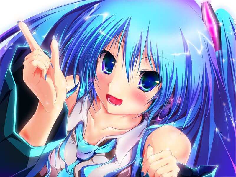 blue-haired anime girl pointing