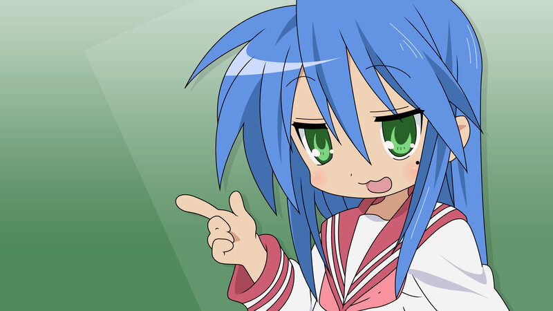 blue-haired anime girl pointing