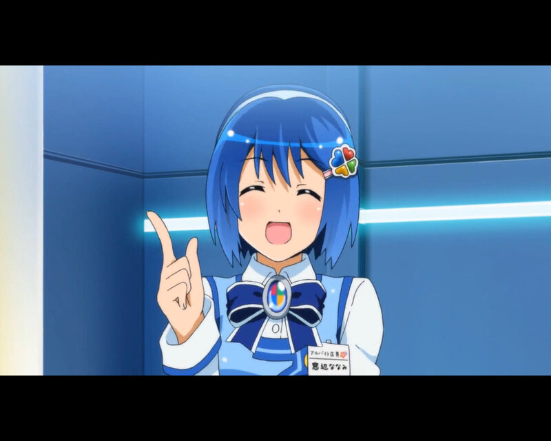 blue-haired anime girl pointing