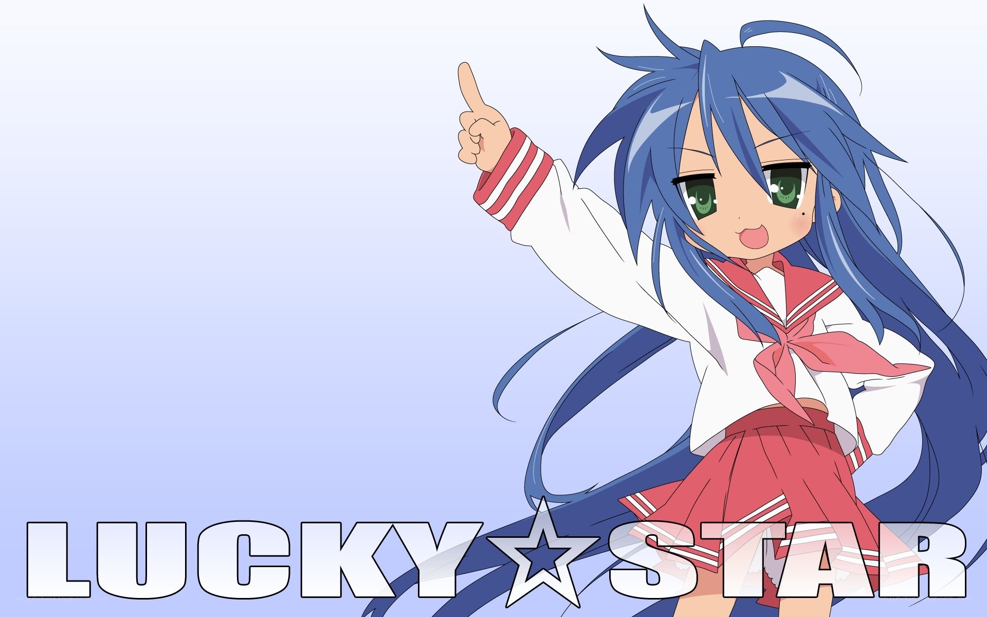 blue-haired anime girl pointing up
