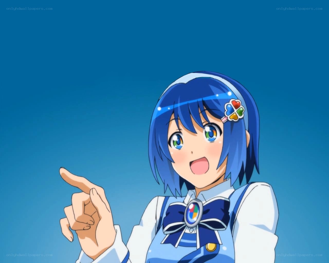 blue-haired anime girl pointing