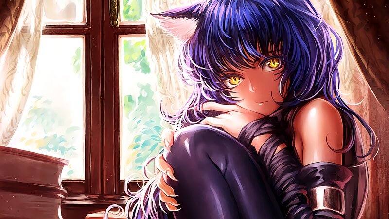 Blue-haired Anime Girl — Purple, Calm, Afternoon, Cat Ears