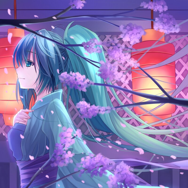 Blue-haired Anime Girl — Purple, Serene, Night, Cherry Blossoms