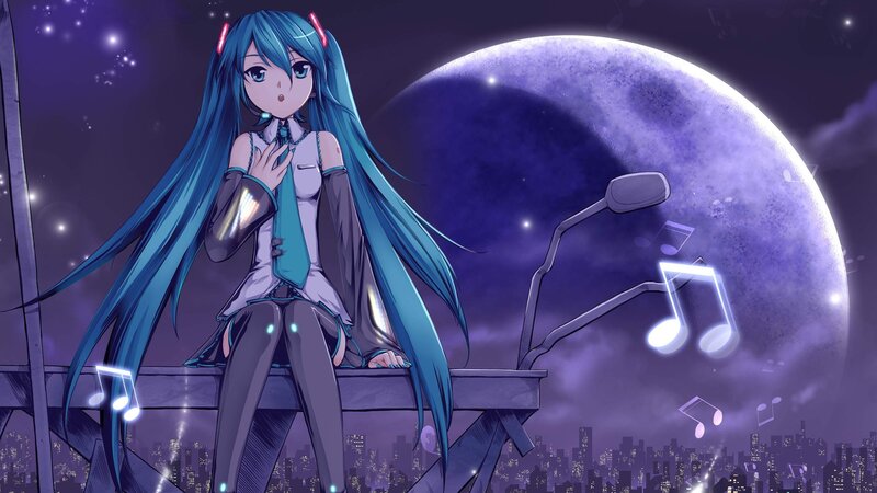 Blue-haired Anime Girl — Purple, Serene, Night, Moon, Cityscape