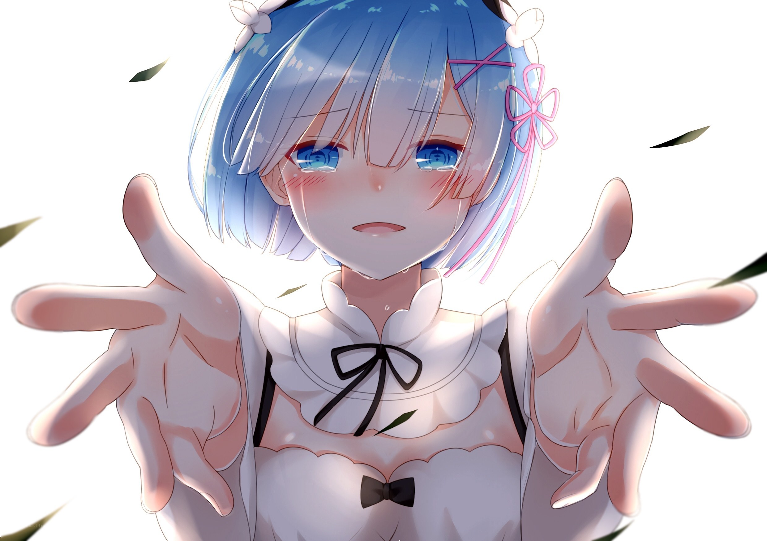 blue-haired anime girl reaching out