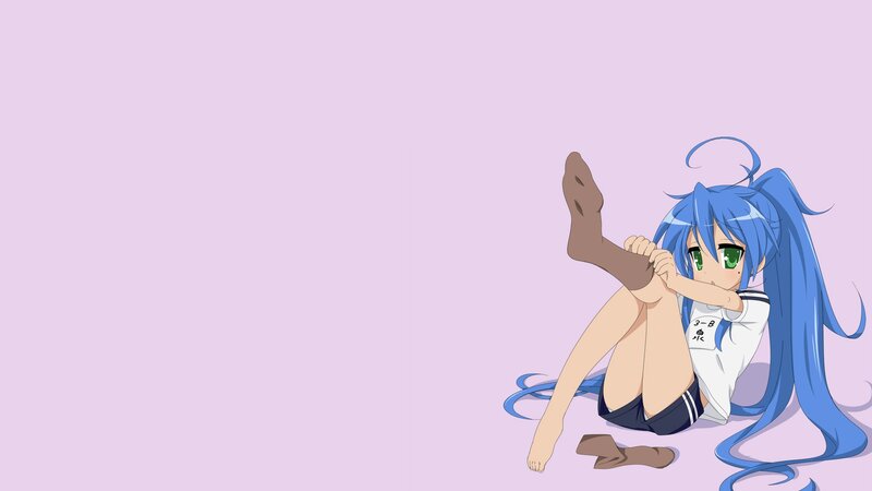 blue-haired anime girl removing sock