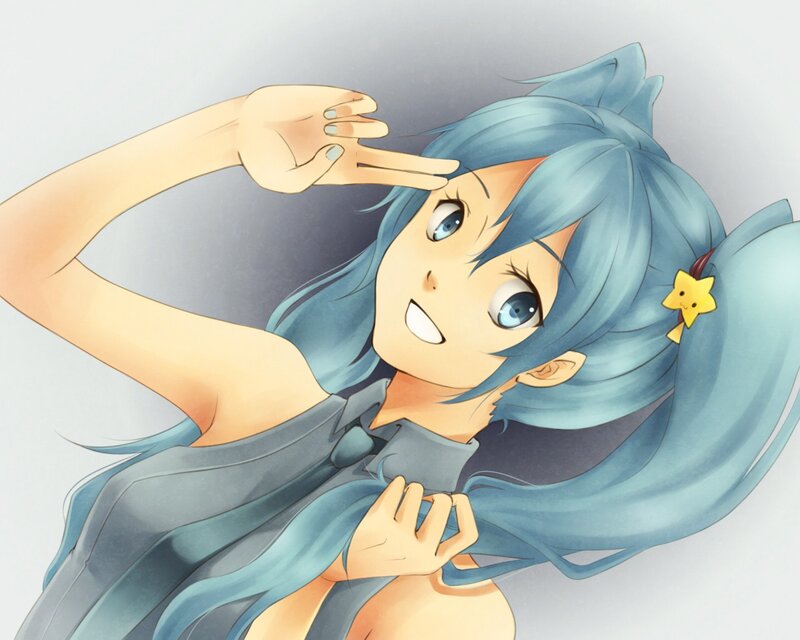 blue-haired anime girl saluting