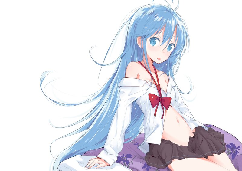 blue-haired anime girl sitting